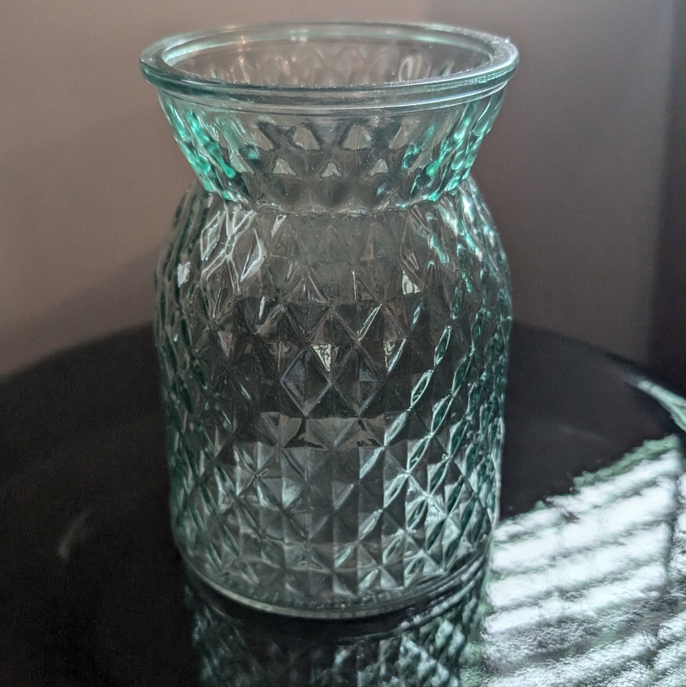 Teal Blue Transparent Vase Diamond Pattern Glass